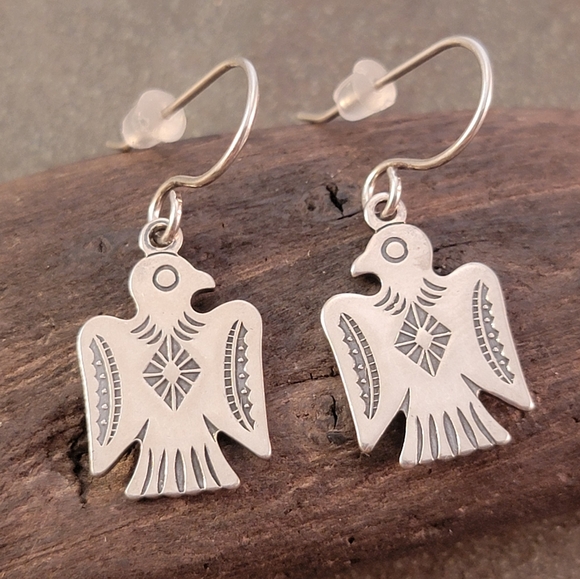 Sterling Navajo Thunderbird Dangle Drop Earrings - Picture 1 of 6